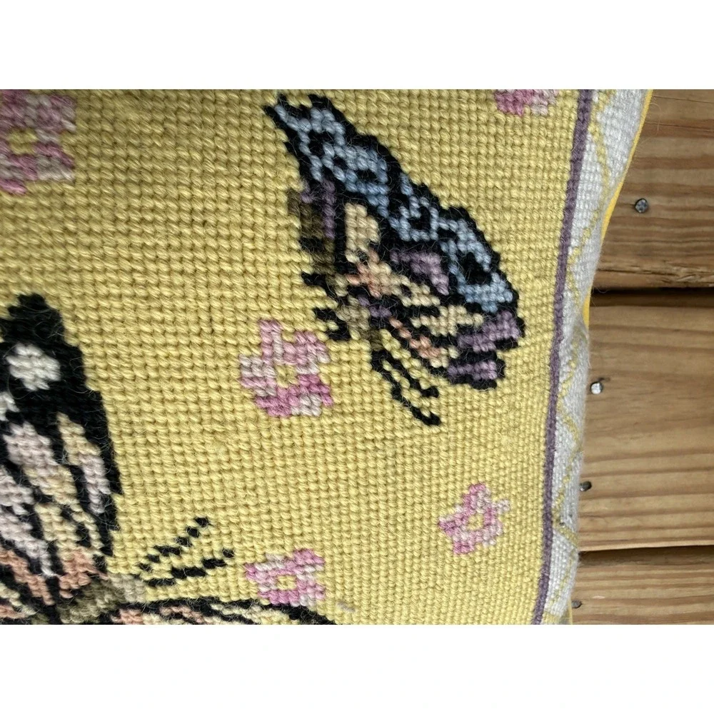 Vintage MCM Needlepoint Tapestry Throw Pillow Daisies Butterflies yellow BOHO